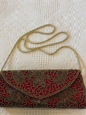 Beaded Floral Evening Clutch - Red and Gold